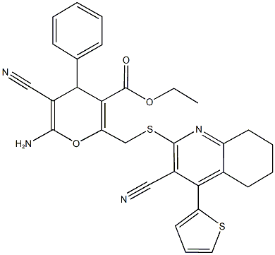 ethyl 6-amino-5-cyano-2-({[3-cyano-4-(2-thienyl)-5,6,7,8-tetrahydro-2-quinolinyl]sulfanyl}methyl)-4-phenyl-4H-pyran-3-carboxylate Struktur