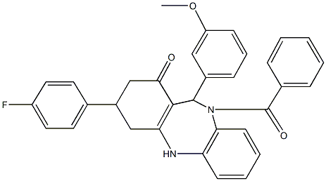 10-benzoyl-3-(4-fluorophenyl)-11-(3-methoxyphenyl)-2,3,4,5,10,11-hexahydro-1H-dibenzo[b,e][1,4]diazepin-1-one Struktur