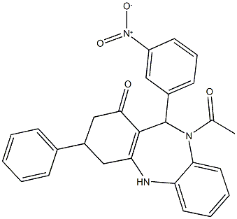 10-acetyl-11-{3-nitrophenyl}-3-phenyl-2,3,4,5,10,11-hexahydro-1H-dibenzo[b,e][1,4]diazepin-1-one Struktur