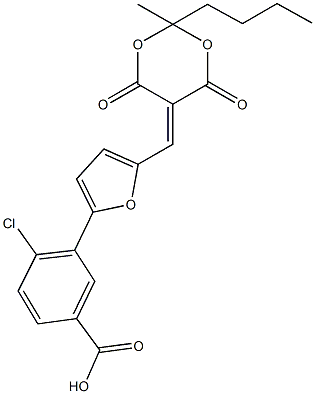 3-{5-[(2-butyl-2-methyl-4,6-dioxo-1,3-dioxan-5-ylidene)methyl]-2-furyl}-4-chlorobenzoic acid Struktur