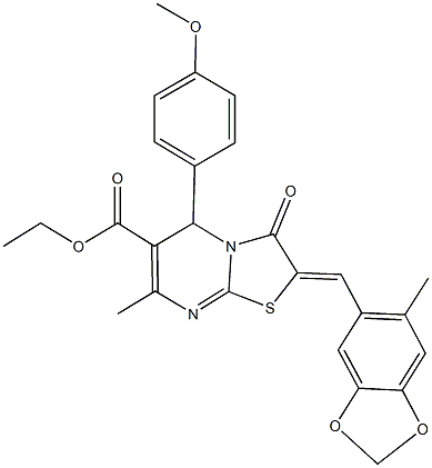 ethyl 5-(4-methoxyphenyl)-7-methyl-2-[(6-methyl-1,3-benzodioxol-5-yl)methylene]-3-oxo-2,3-dihydro-5H-[1,3]thiazolo[3,2-a]pyrimidine-6-carboxylate Struktur