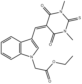 ethyl {3-[(1,3-dimethyl-4,6-dioxo-2-thioxotetrahydro-5(2H)-pyrimidinylidene)methyl]-1H-indol-1-yl}acetate Struktur