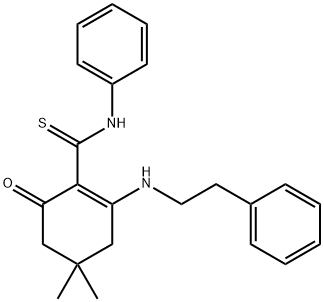 4,4-dimethyl-6-oxo-N-phenyl-2-[(2-phenylethyl)amino]-1-cyclohexene-1-carbothioamide Struktur