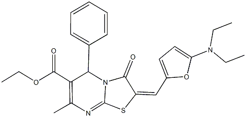 ethyl 2-{[5-(diethylamino)-2-furyl]methylene}-7-methyl-3-oxo-5-phenyl-2,3-dihydro-5H-[1,3]thiazolo[3,2-a]pyrimidine-6-carboxylate Struktur