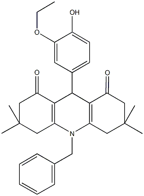 10-benzyl-9-(3-ethoxy-4-hydroxyphenyl)-3,3,6,6-tetramethyl-3,4,6,7,9,10-hexahydro-1,8(2H,5H)-acridinedione Struktur