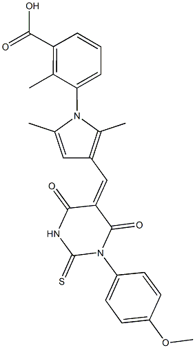 3-{3-[(1-(4-methoxyphenyl)-4,6-dioxo-2-thioxotetrahydro-5(2H)-pyrimidinylidene)methyl]-2,5-dimethyl-1H-pyrrol-1-yl}-2-methylbenzoic acid Struktur