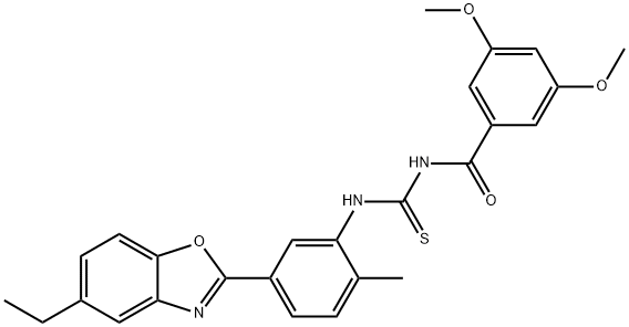 N-(3,5-dimethoxybenzoyl)-N'-[5-(5-ethyl-1,3-benzoxazol-2-yl)-2-methylphenyl]thiourea Struktur