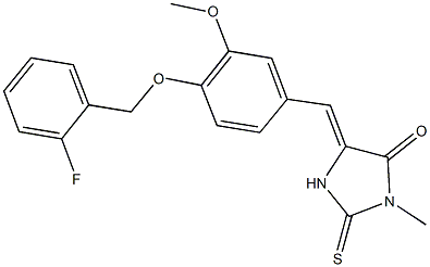 5-{4-[(2-fluorobenzyl)oxy]-3-methoxybenzylidene}-3-methyl-2-thioxo-4-imidazolidinone Struktur