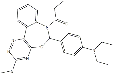 N,N-diethyl-4-[3-(methylsulfanyl)-7-propionyl-6,7-dihydro[1,2,4]triazino[5,6-d][3,1]benzoxazepin-6-yl]aniline Struktur