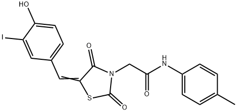 2-[5-(4-hydroxy-3-iodobenzylidene)-2,4-dioxo-1,3-thiazolidin-3-yl]-N-(4-methylphenyl)acetamide Struktur