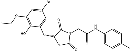 2-[5-(5-bromo-3-ethoxy-2-hydroxybenzylidene)-2,4-dioxo-1,3-thiazolidin-3-yl]-N-(4-methylphenyl)acetamide Struktur