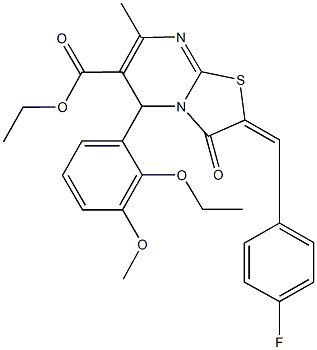 ethyl 5-(2-ethoxy-3-methoxyphenyl)-2-(4-fluorobenzylidene)-7-methyl-3-oxo-2,3-dihydro-5H-[1,3]thiazolo[3,2-a]pyrimidine-6-carboxylate Struktur