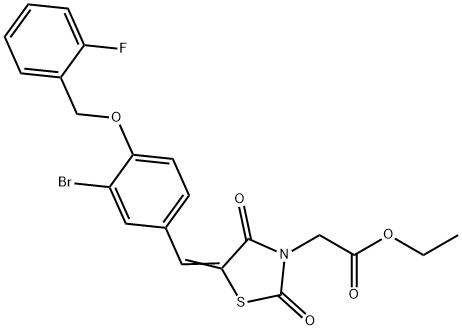 ethyl (5-{3-bromo-4-[(2-fluorobenzyl)oxy]benzylidene}-2,4-dioxo-1,3-thiazolidin-3-yl)acetate Struktur