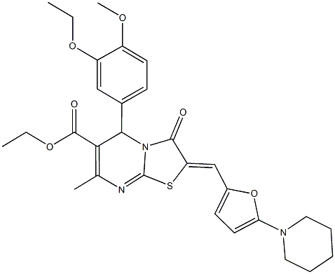 ethyl 5-(3-ethoxy-4-methoxyphenyl)-7-methyl-3-oxo-2-{[5-(1-piperidinyl)-2-furyl]methylene}-2,3-dihydro-5H-[1,3]thiazolo[3,2-a]pyrimidine-6-carboxylate Struktur