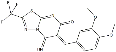 6-(3,4-dimethoxybenzylidene)-5-imino-2-(trifluoromethyl)-5,6-dihydro-7H-[1,3,4]thiadiazolo[3,2-a]pyrimidin-7-one Struktur