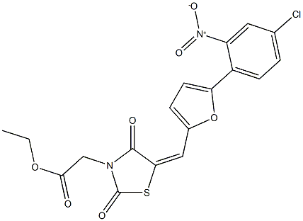 ethyl {5-[(5-{4-chloro-2-nitrophenyl}-2-furyl)methylene]-2,4-dioxo-1,3-thiazolidin-3-yl}acetate Struktur