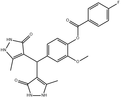 4-[bis(5-hydroxy-3-methyl-1H-pyrazol-4-yl)methyl]-2-methoxyphenyl 4-fluorobenzoate Struktur