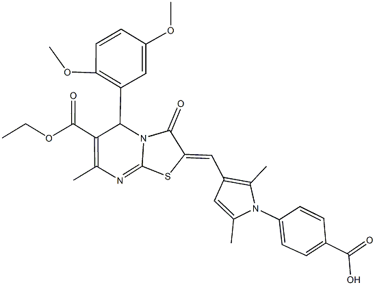 4-{3-[(5-(2,5-dimethoxyphenyl)-6-(ethoxycarbonyl)-7-methyl-3-oxo-5H-[1,3]thiazolo[3,2-a]pyrimidin-2(3H)-ylidene)methyl]-2,5-dimethyl-1H-pyrrol-1-yl}benzoic acid Struktur