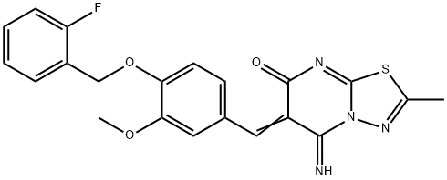 6-{4-[(2-fluorobenzyl)oxy]-3-methoxybenzylidene}-5-imino-2-methyl-5,6-dihydro-7H-[1,3,4]thiadiazolo[3,2-a]pyrimidin-7-one Struktur