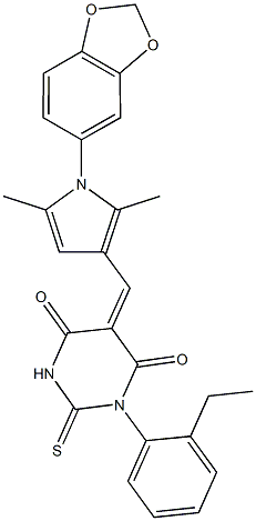 5-{[1-(1,3-benzodioxol-5-yl)-2,5-dimethyl-1H-pyrrol-3-yl]methylene}-1-(2-ethylphenyl)-2-thioxodihydro-4,6(1H,5H)-pyrimidinedione Struktur