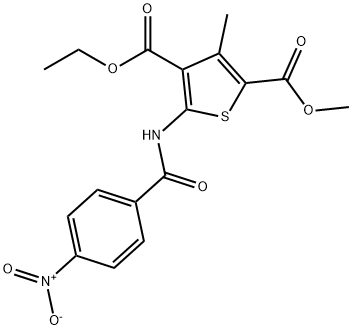 4-ethyl 2-methyl 5-({4-nitrobenzoyl}amino)-3-methyl-2,4-thiophenedicarboxylate Struktur