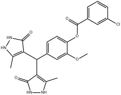 4-[bis(5-hydroxy-3-methyl-1H-pyrazol-4-yl)methyl]-2-methoxyphenyl 3-chlorobenzoate Struktur