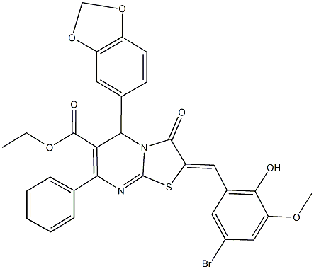 ethyl 5-(1,3-benzodioxol-5-yl)-2-(5-bromo-2-hydroxy-3-methoxybenzylidene)-3-oxo-7-phenyl-2,3-dihydro-5H-[1,3]thiazolo[3,2-a]pyrimidine-6-carboxylate Struktur