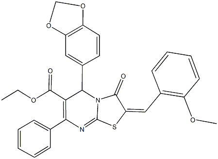 ethyl 5-(1,3-benzodioxol-5-yl)-2-(2-methoxybenzylidene)-3-oxo-7-phenyl-2,3-dihydro-5H-[1,3]thiazolo[3,2-a]pyrimidine-6-carboxylate Struktur