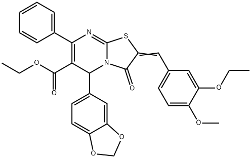 ethyl 5-(1,3-benzodioxol-5-yl)-2-(3-ethoxy-4-methoxybenzylidene)-3-oxo-7-phenyl-2,3-dihydro-5H-[1,3]thiazolo[3,2-a]pyrimidine-6-carboxylate Struktur