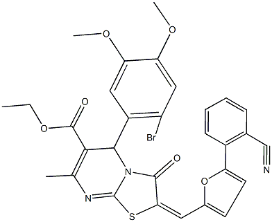 ethyl 5-(2-bromo-4,5-dimethoxyphenyl)-2-{[5-(2-cyanophenyl)-2-furyl]methylene}-7-methyl-3-oxo-2,3-dihydro-5H-[1,3]thiazolo[3,2-a]pyrimidine-6-carboxylate Struktur