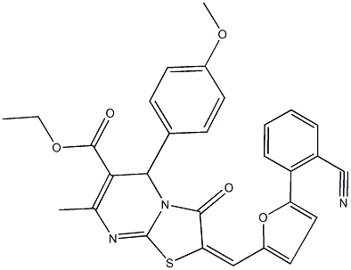 ethyl 2-{[5-(2-cyanophenyl)-2-furyl]methylene}-5-(4-methoxyphenyl)-7-methyl-3-oxo-2,3-dihydro-5H-[1,3]thiazolo[3,2-a]pyrimidine-6-carboxylate Struktur