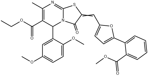 ethyl 5-(2,5-dimethoxyphenyl)-2-({5-[2-(methoxycarbonyl)phenyl]-2-furyl}methylene)-7-methyl-3-oxo-2,3-dihydro-5H-[1,3]thiazolo[3,2-a]pyrimidine-6-carboxylate Struktur