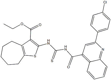 ethyl 2-{[({[2-(4-chlorophenyl)-4-quinolinyl]carbonyl}amino)carbothioyl]amino}-5,6,7,8-tetrahydro-4H-cyclohepta[b]thiophene-3-carboxylate Struktur