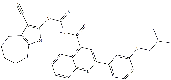 N-(3-cyano-5,6,7,8-tetrahydro-4H-cyclohepta[b]thien-2-yl)-N'-{[2-(3-isobutoxyphenyl)-4-quinolinyl]carbonyl}thiourea Struktur