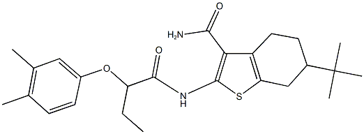 6-tert-butyl-2-{[2-(3,4-dimethylphenoxy)butanoyl]amino}-4,5,6,7-tetrahydro-1-benzothiophene-3-carboxamide Struktur