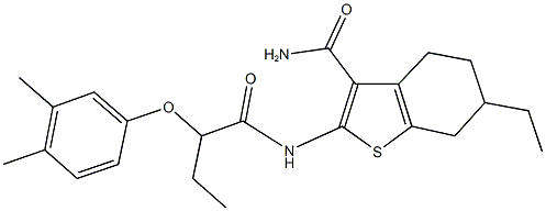 2-{[2-(3,4-dimethylphenoxy)butanoyl]amino}-6-ethyl-4,5,6,7-tetrahydro-1-benzothiophene-3-carboxamide Struktur