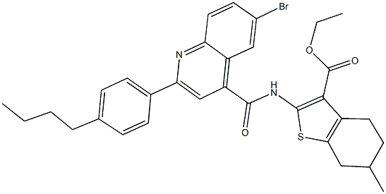 ethyl 2-({[6-bromo-2-(4-butylphenyl)-4-quinolinyl]carbonyl}amino)-6-methyl-4,5,6,7-tetrahydro-1-benzothiophene-3-carboxylate Struktur