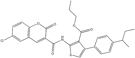 propyl 4-(4-sec-butylphenyl)-2-{[(6-chloro-2-oxo-2H-chromen-3-yl)carbonyl]amino}-3-thiophenecarboxylate Struktur