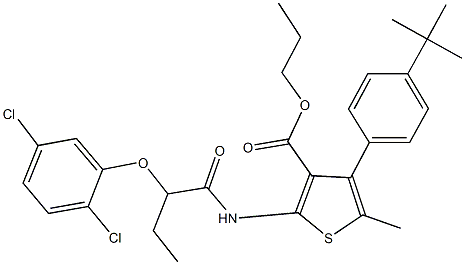 propyl 4-(4-tert-butylphenyl)-2-{[2-(2,5-dichlorophenoxy)butanoyl]amino}-5-methyl-3-thiophenecarboxylate Struktur