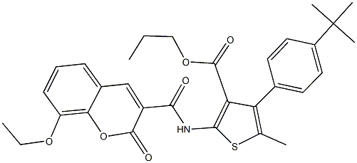 propyl 4-(4-tert-butylphenyl)-2-{[(8-ethoxy-2-oxo-2H-chromen-3-yl)carbonyl]amino}-5-methyl-3-thiophenecarboxylate Struktur