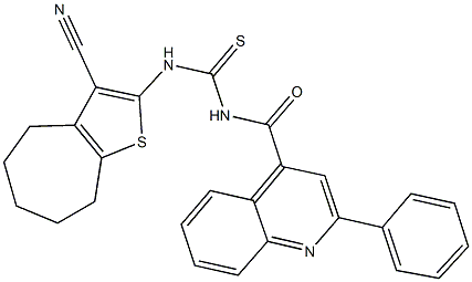 N-(3-cyano-5,6,7,8-tetrahydro-4H-cyclohepta[b]thien-2-yl)-N'-[(2-phenyl-4-quinolinyl)carbonyl]thiourea Struktur