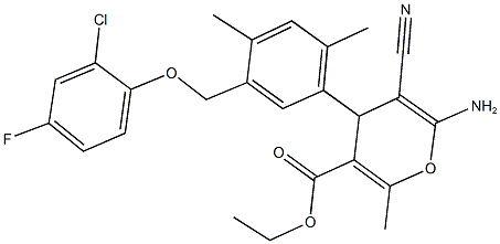 ethyl 6-amino-4-{5-[(2-chloro-4-fluorophenoxy)methyl]-2,4-dimethylphenyl}-5-cyano-2-methyl-4H-pyran-3-carboxylate Struktur