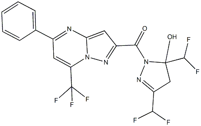 3,5-bis(difluoromethyl)-1-{[5-phenyl-7-(trifluoromethyl)pyrazolo[1,5-a]pyrimidin-2-yl]carbonyl}-4,5-dihydro-1H-pyrazol-5-ol Struktur