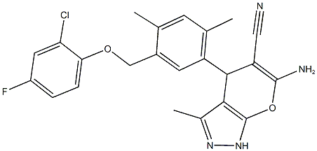 6-amino-4-{5-[(2-chloro-4-fluorophenoxy)methyl]-2,4-dimethylphenyl}-3-methyl-1,4-dihydropyrano[2,3-c]pyrazole-5-carbonitrile Struktur