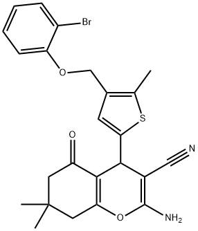 2-amino-4-{4-[(2-bromophenoxy)methyl]-5-methyl-2-thienyl}-7,7-dimethyl-5-oxo-5,6,7,8-tetrahydro-4H-chromene-3-carbonitrile Struktur