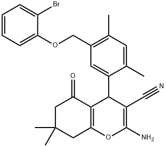 2-amino-4-{5-[(2-bromophenoxy)methyl]-2,4-dimethylphenyl}-7,7-dimethyl-5-oxo-5,6,7,8-tetrahydro-4H-chromene-3-carbonitrile Struktur