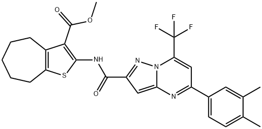 methyl 2-({[5-(3,4-dimethylphenyl)-7-(trifluoromethyl)pyrazolo[1,5-a]pyrimidin-2-yl]carbonyl}amino)-5,6,7,8-tetrahydro-4H-cyclohepta[b]thiophene-3-carboxylate Struktur