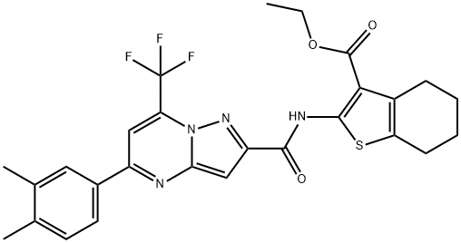 ethyl 2-({[5-(3,4-dimethylphenyl)-7-(trifluoromethyl)pyrazolo[1,5-a]pyrimidin-2-yl]carbonyl}amino)-4,5,6,7-tetrahydro-1-benzothiophene-3-carboxylate Struktur