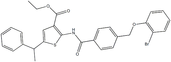 ethyl 2-({4-[(2-bromophenoxy)methyl]benzoyl}amino)-5-(1-phenylethyl)-3-thiophenecarboxylate Struktur