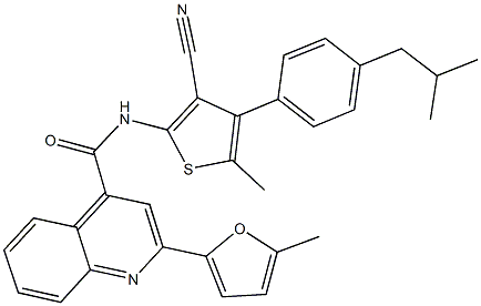 N-[3-cyano-4-(4-isobutylphenyl)-5-methyl-2-thienyl]-2-(5-methyl-2-furyl)-4-quinolinecarboxamide Struktur